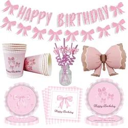 Pink Bow Party Decor Pink Bow Paper Plates Cups Napkins Girl Birthday Party Tableware Wedding Baby Shower Decoration Supplies