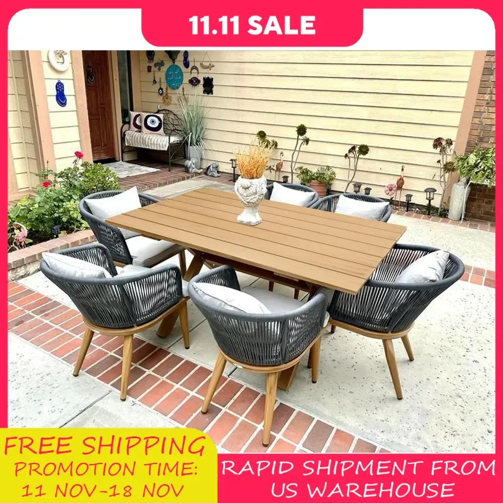 

7 Pieces Dining Set Wicker Outdoor Furniture Rectangular Table and Chairs Set for Garden Deck Teak-Finish Backyard Kitchen Set