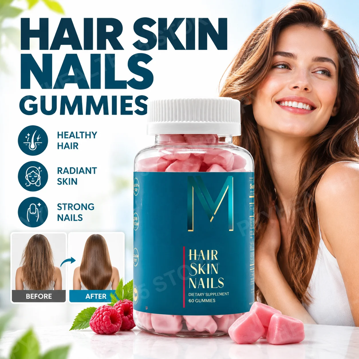 Hair Skin and Nails Gummies with Biotin 5000mcg Vitamins A C D2 E B6 B12 Zinc for Fuller-Looking Hair Radiant Skin 60 Gummies