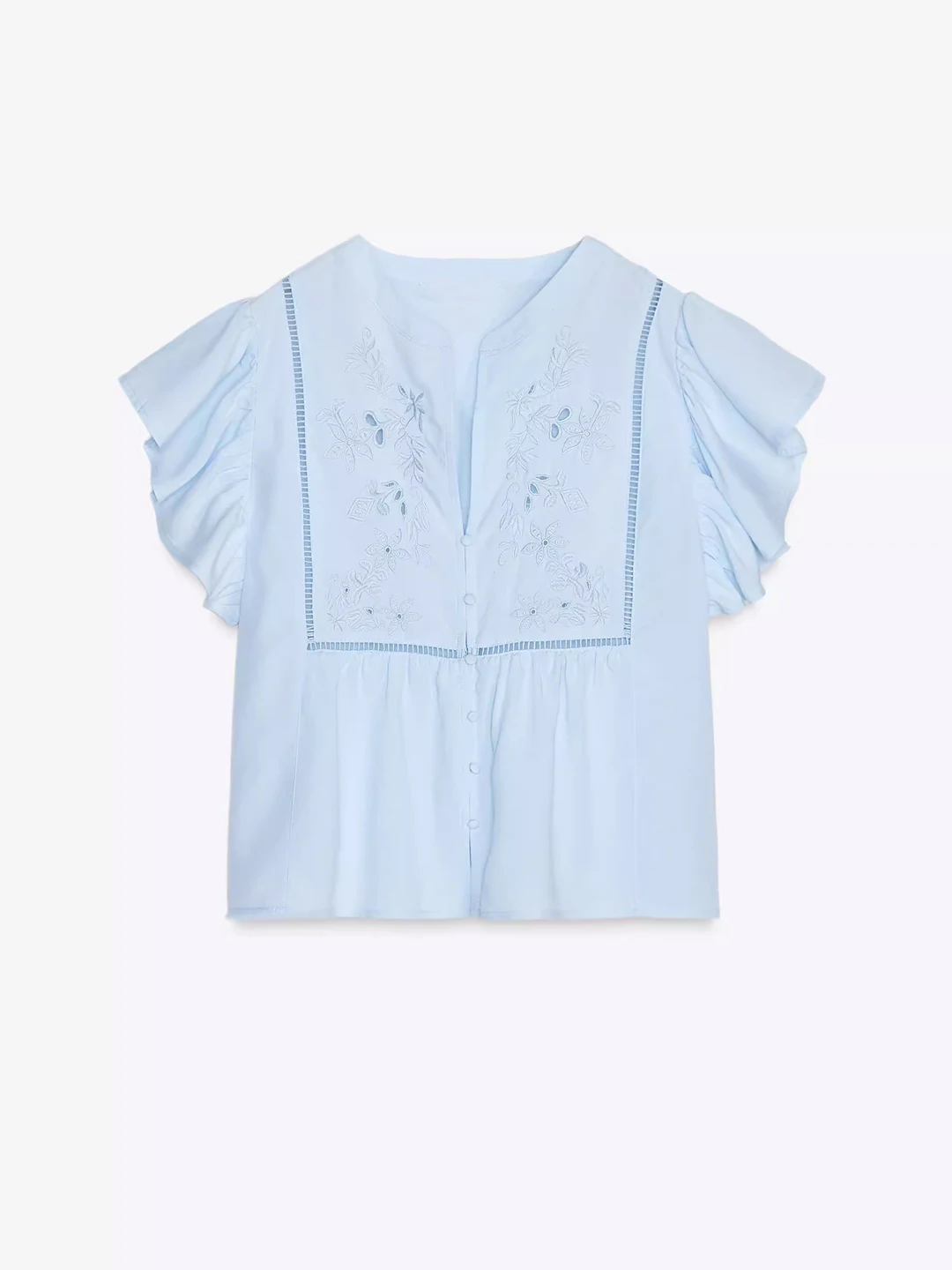 

Unique Beautiful Blue Casual Embroidered ort Sve Loose irt Women's Top French Sle Hollow out Design Summer Thin