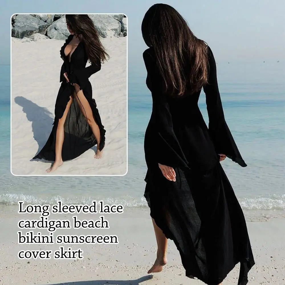 Fashion V Neck Summer Beach Cover Up Long Sleeve Loose Beach Dress Casual Vacation Bikini Sunscreen Smock for Women