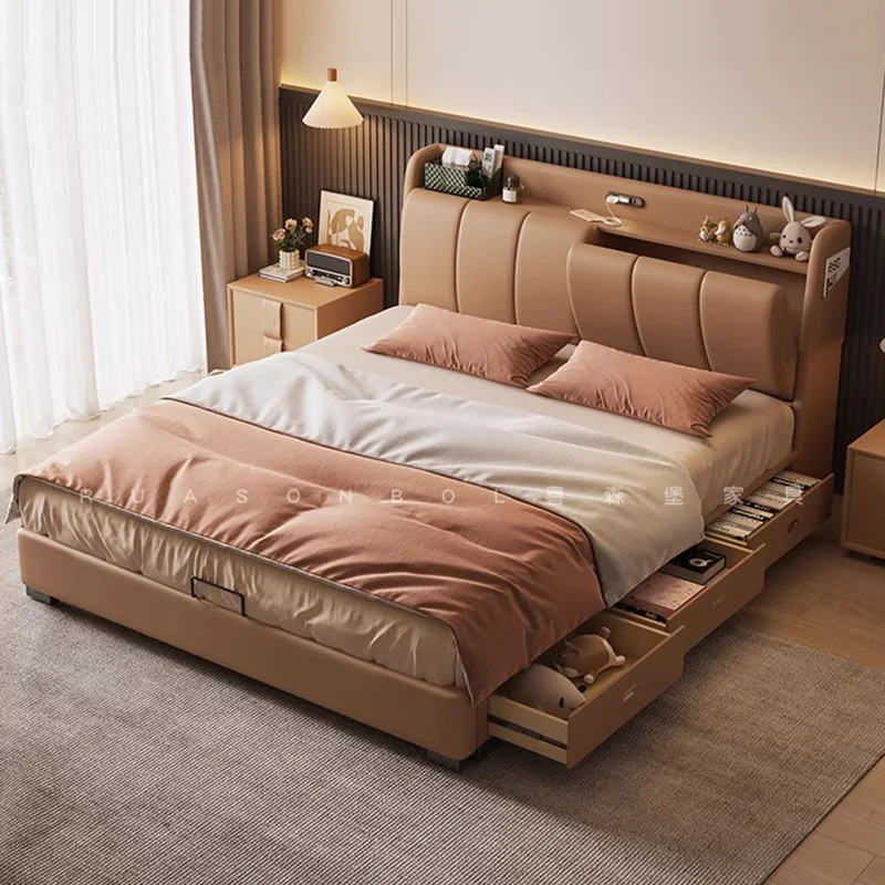 Luxury Marriage Bed Leather Nordic Aesthetic Modern Double Bed Queen Size Storage Cama Casal Multifuncional Home Furniture