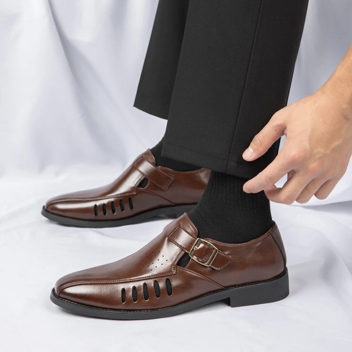 

Classic Men Formal Leather Sandals Summer Hollow Breathable Business Dress Shoes Comfortable Non Slip Big Size Male Footwear