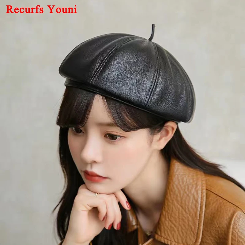 Autumn Winter Hats for Women Korean Fashion Genuine Leather Brimless Octagonal Beanie Wine Red Dome Caps Chic Chapeau Femme