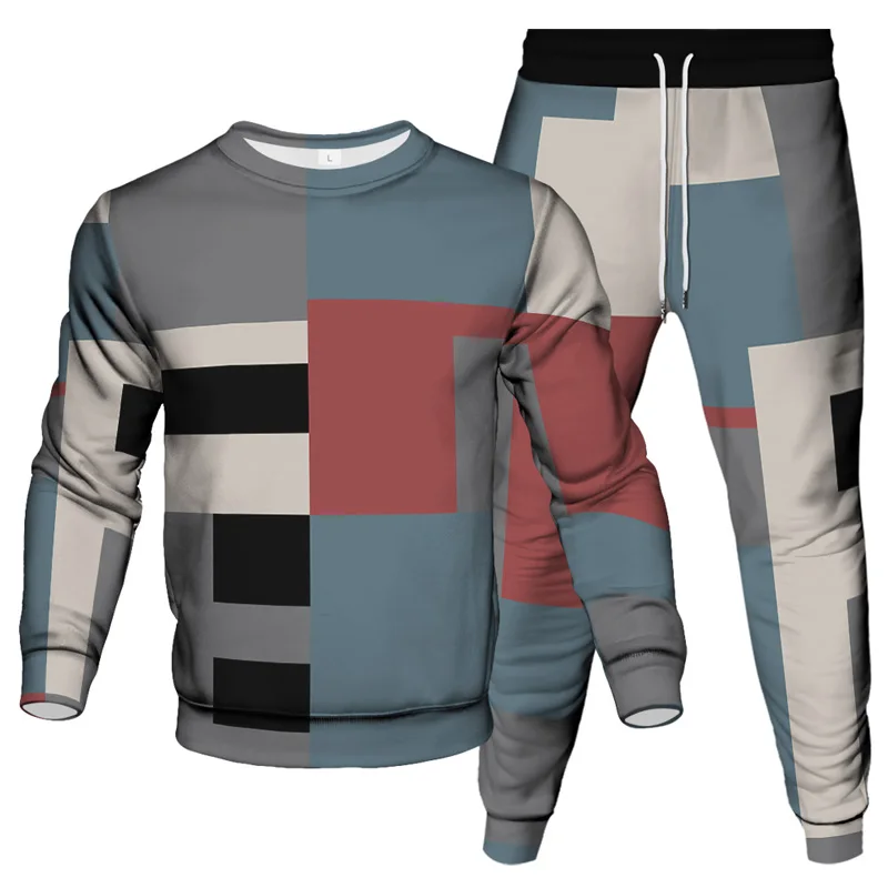 New Men Vintage Style Clothes Sweatshirt Jogging Pants 2 Piece Set Geometric Pattern Printing Women Clothing Suit Tracksuit