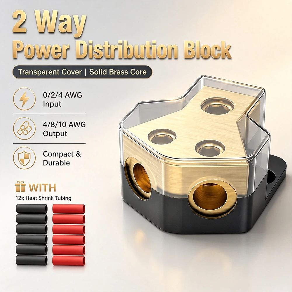 Car Audio Power Distribution Block 2 Way 0/2/4 AWG in 4/8/10 AWG Out Brass Amp Power Splitter Terminal Block for Vehicles