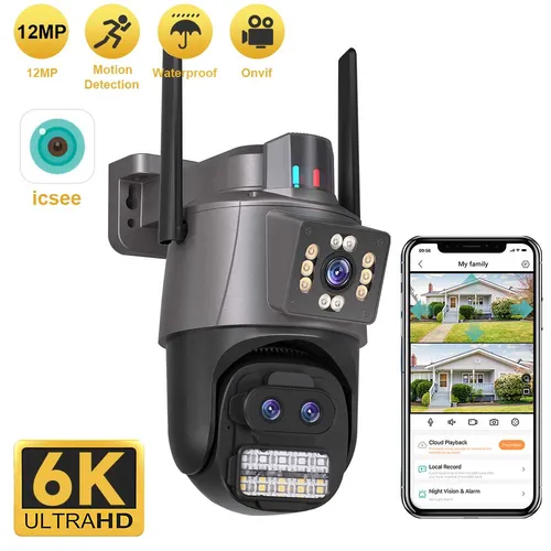 Cámara de seguridad 6K de 12MP, Zoom 8X, tres lentes, pantalla Dual, WiFi para exteriores, protección del hogar, cámara IP de 8MP, videovigilancia CCTV PTZ Icsee