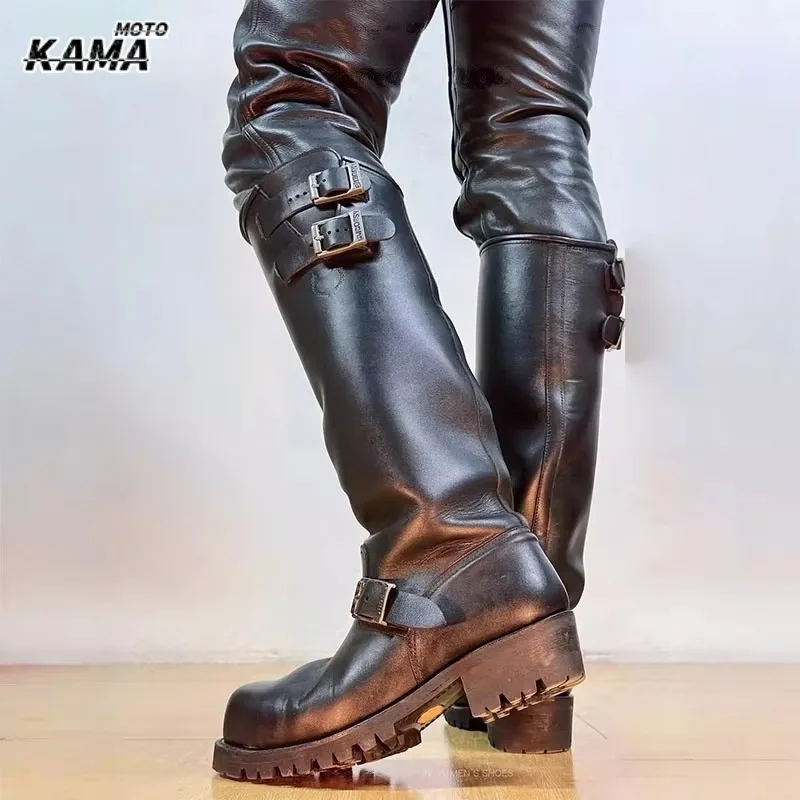 Retro Männer Britischen Lange Chelsae Stiefel Kniehohe Herbst Winter Neue Reiten Ritter Stiefel Vielseitig Ingenieur Stiefel Schnalle Riemen