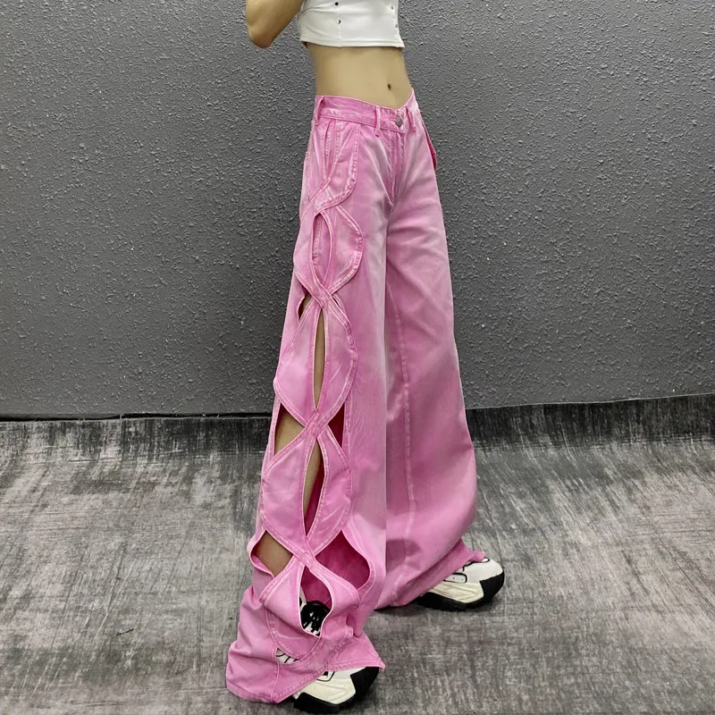 Side Cutout Womens Jeans High Waisted Wide Leg Denim Pants Long Draped Silhouette and Loose Fit for Summer Street Outfits