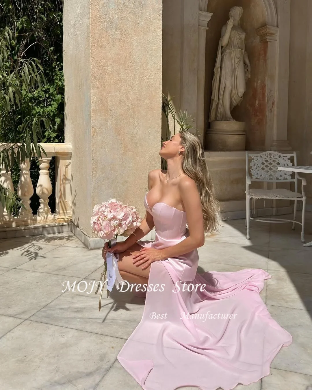 Mojy Pink Sweetheart Neck Customized Party Dresses Sleeveless Side High Split Prom Dresses Lace-Up Floor-Length Evening Dresses