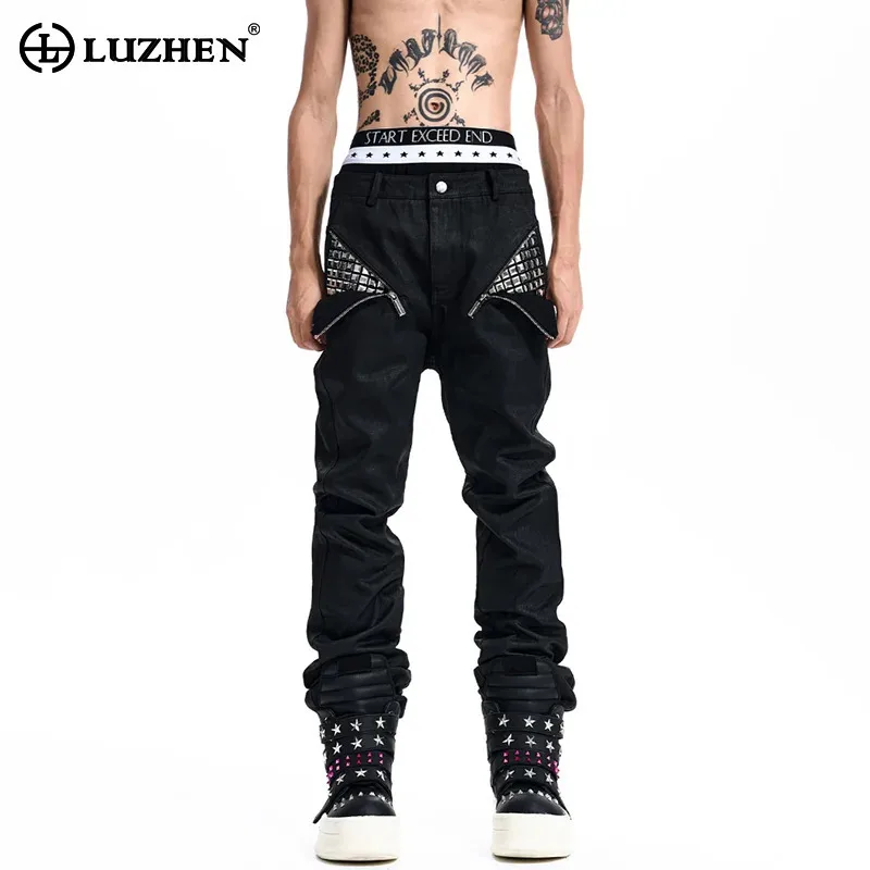 LUZHEN 2026 New Original Zipper Decorate Patchwork Sequin Niche Design Straight Jeans Men Street High Quality Denim Pants JY9346