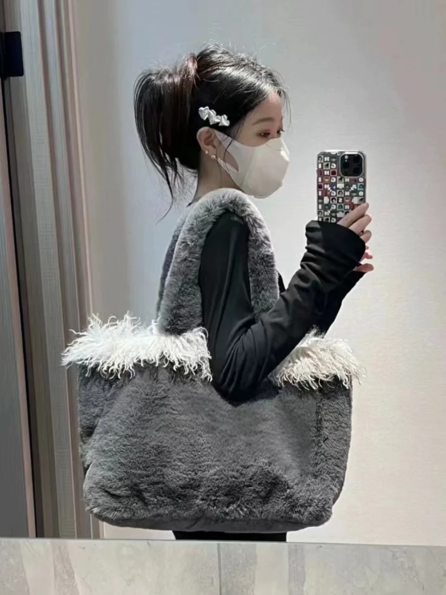 Новая женская меховая сумка-тоут 2025, осень и зима — большая вместительная сумка для мамы, плюшевая сумка на одно плечо и ручная сумка