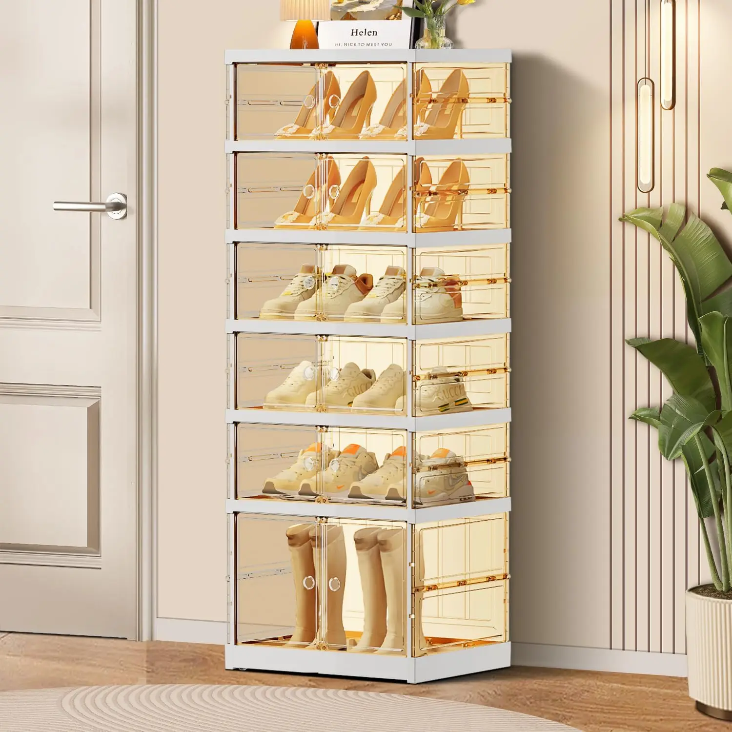

6-Tier Foldable Shoe Ra For Closet Entryway 6-12Pairs,Staable Clear Shoe Storage Boxes Organizer With Door Plastic Small Shoe