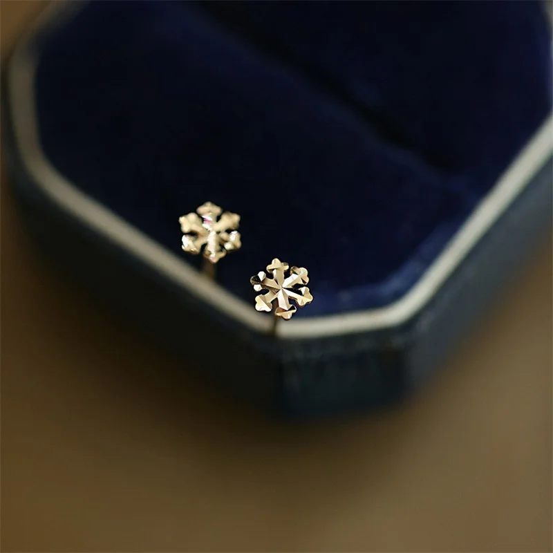 925 Sterling Silver Electroplated 14K Gold Mini Snowflake Earrings for Women Japanese Cute Jewelry
