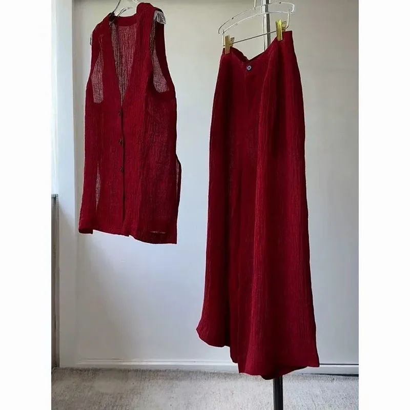 

Wine Red Cotton Linen Summer 2 Piece Set Women Single Breasted Vest A-Line Midi Skirt Suit Casual Sleeveless Tops