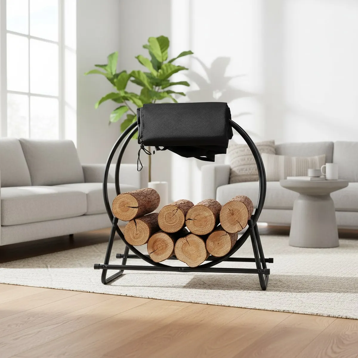 Firewood Log Rack Hoop with Cover Heavy Duty Round Holder Ring 28 Inch Indoor Outdoor Patio Deck Porch Storage