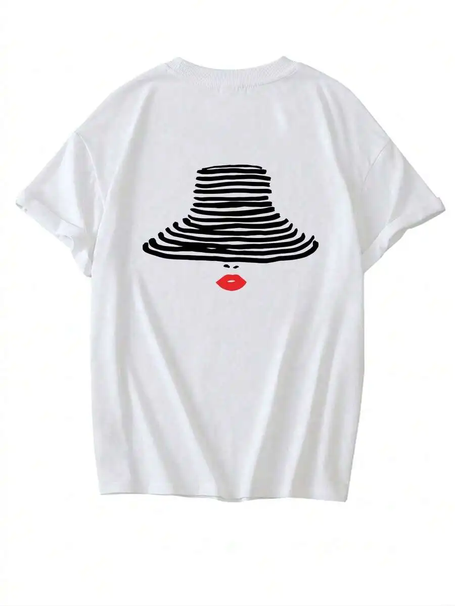 Summer New Minimalist Fashion Line & Red Lip Print Casual Round Neck Short Sleeve T-Shirt, Versatile & Fashionable Women Top White