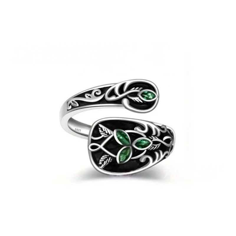 T4MD Size Adjustable Plant Ring Green Stone Jewelry Victorian Inspired Nature Lover Gift Art Nouveau Spoon Ring