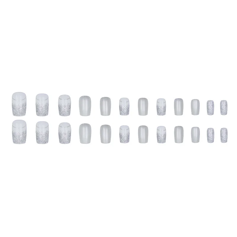 Short Square fake nails for women glossy brown tips golden silver glitters with strips design full cover press on false nail art view 6