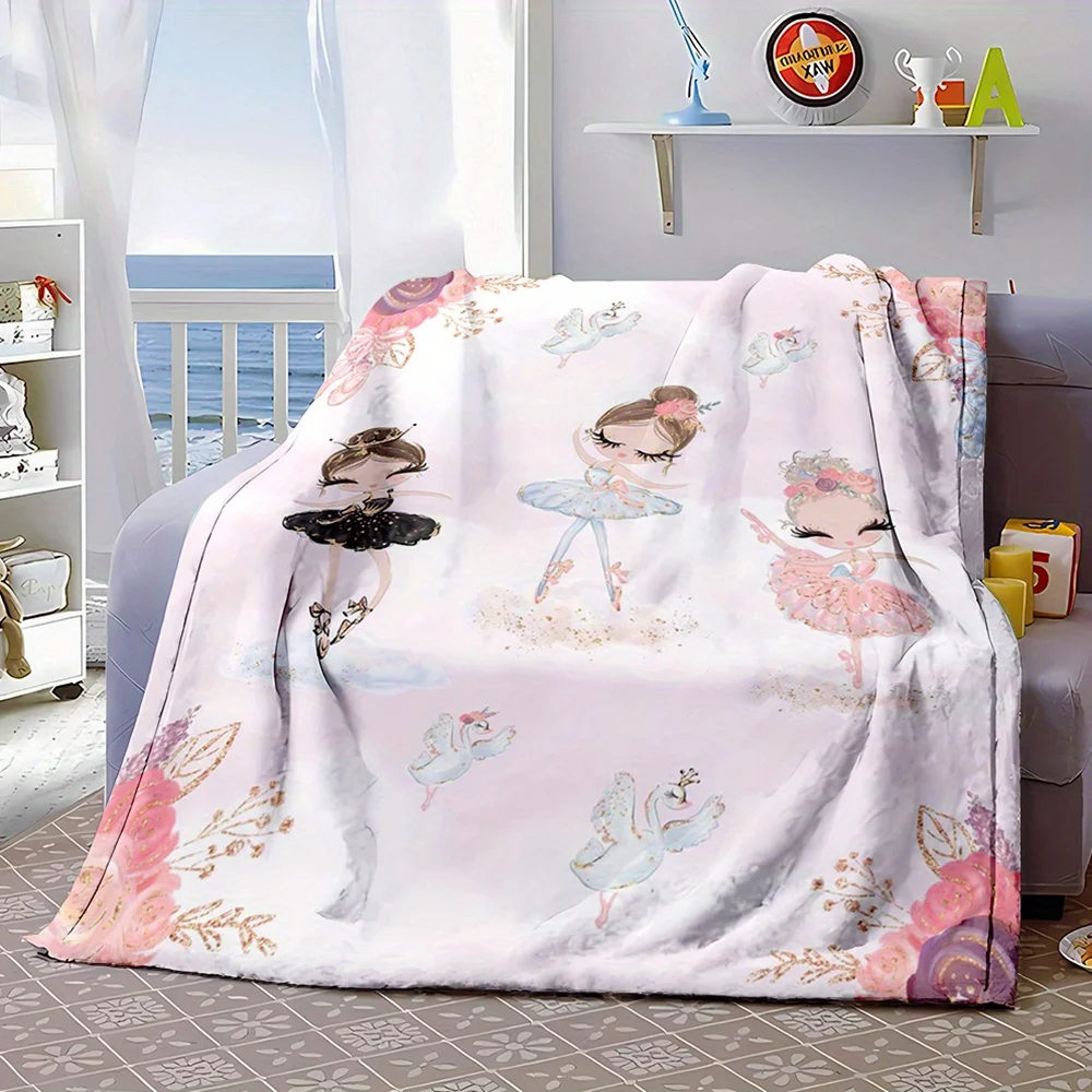 Country-Rustic Flannel Throw Blanket with Cartoon Ballerina Print - 100% Polyester, Non-woven, Digital Printing, Lightweight 200