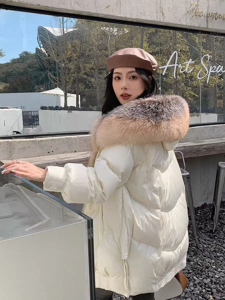 الأبيض أوزة أسفل سترة معطف فرو الثعلب الحقيقي المرأة منتصف طول معطف دافئ غير رسمي 2025 الشتاء سترة الملابس الأوروبية الجديدة الإناث #6