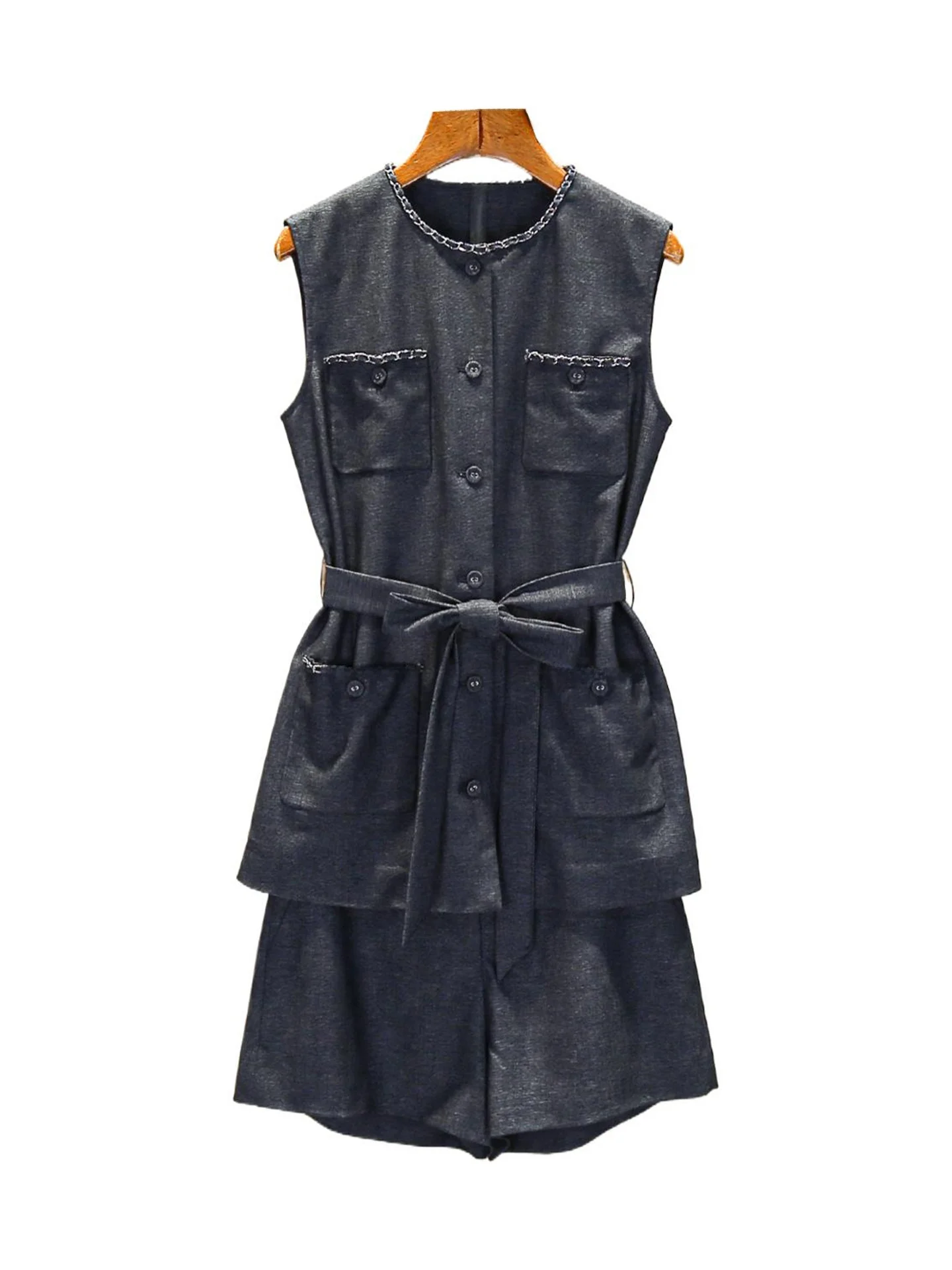 High-End-Jeansweste für Damen, Top Orts-Set, Sommer 2022, mit Gürtel, bezaubernd, zweiteilig, Polyesterfaser, rund, mit Knopfleiste