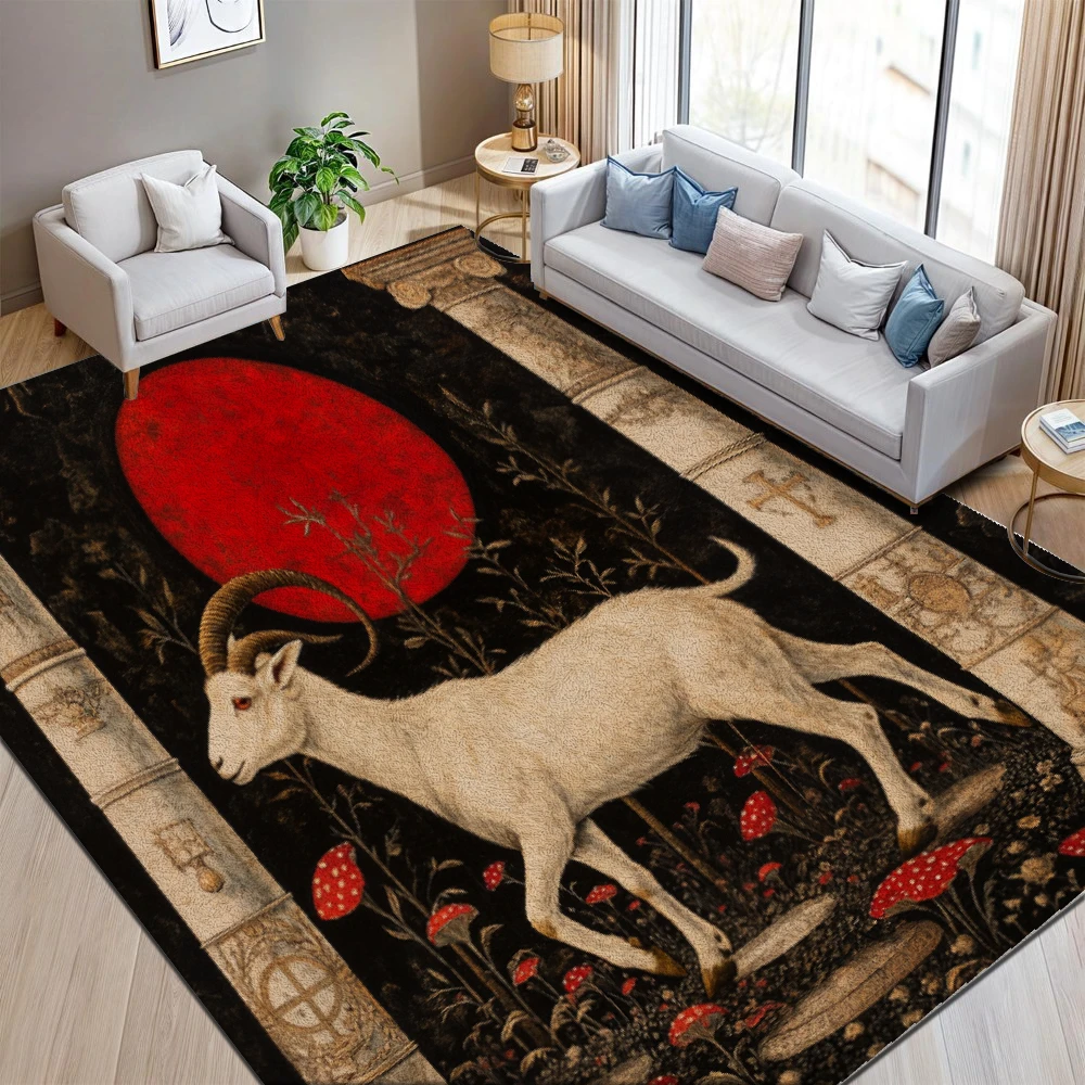 2D Flat Elegant Goat‑Red‑Moon‑Mushroom Design Rug, Non‑Slip Washable Mat for Living Room Bedroom Hallway Indoor Decor