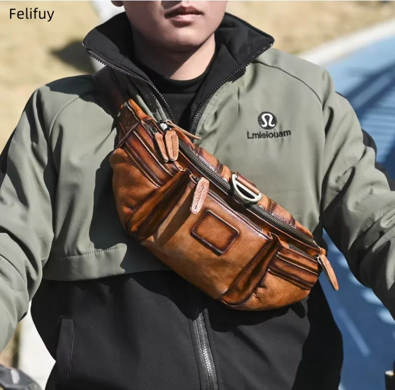 Brown Men's Vintage Waist Bag Top Grain Leather Chest Crossbody Bag | Multi-Function iPad Shoulder Pack for Cycling & Travel