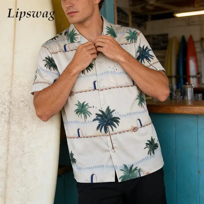 

Spring Summer Retro Pattern Printing Shirt Men Short Sleeve Buttoned Down Collar Casual Shirts Stylish Mens Loose Cardigan Tops