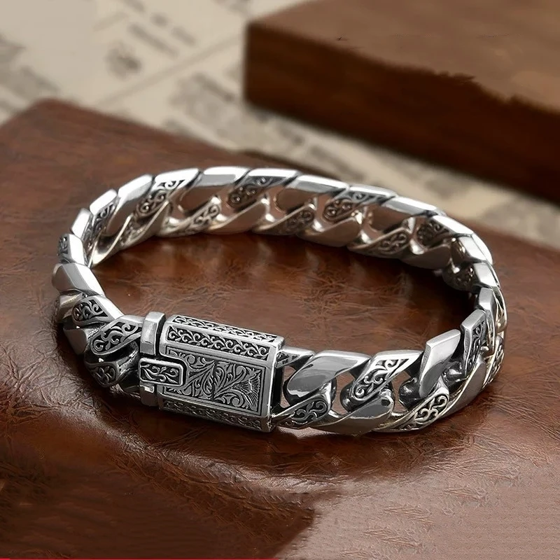 

Real 925 Silver Engraved Grass Cuban Link Men's Cuff Bracelets Personalized Punk Chunky Bracelets Gift For Him 18/19/20/21/22CM
