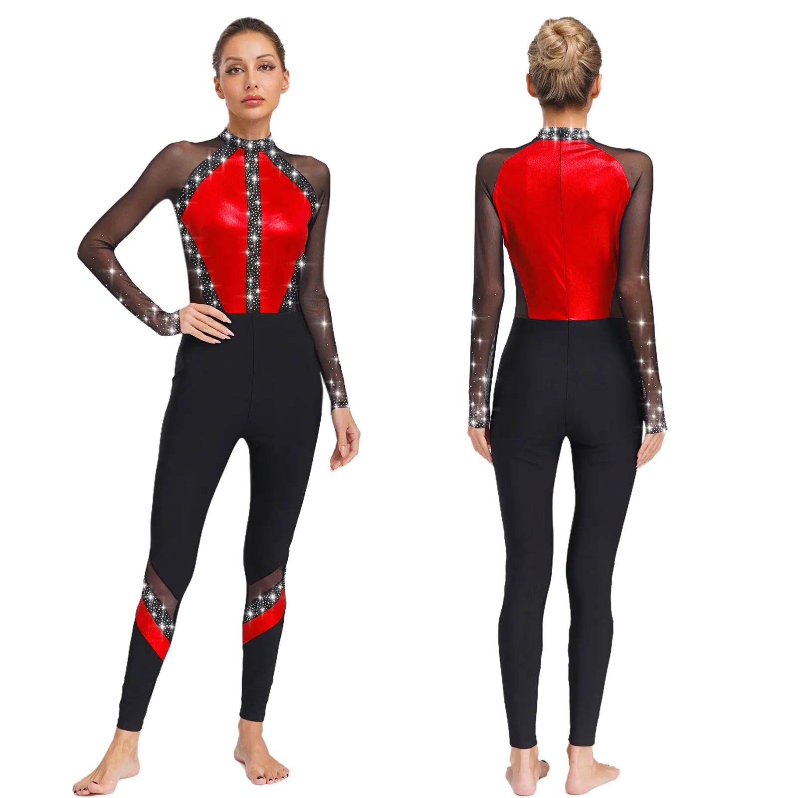 

Women Gymnastics Leotard Shiny Rhinestones Long Sleeve Full Body Unitards for Ballet Dance Figure Skating Acrobatics Performance