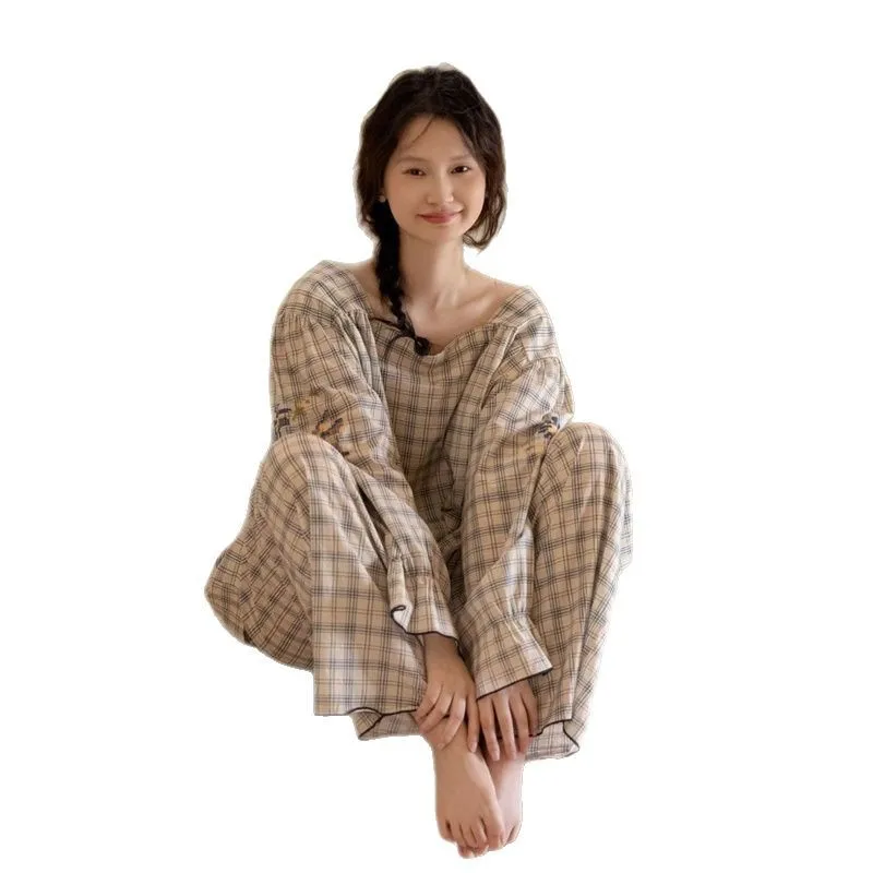 봄과 가을을 위한 달콤한 체크무늬 소녀 잠옷 세트 패션 홈웨어 새로운 한국 버전 연꽃잎 가장자리 소매