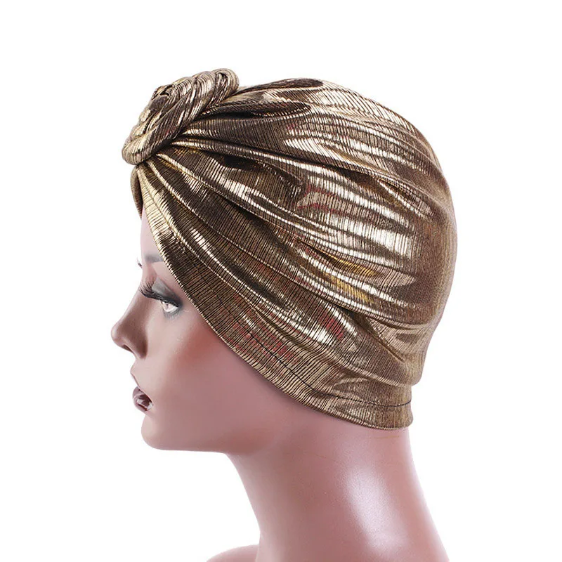 Retro Bronzing Fabric Turban Cap for Women Doughnut Style Head Wraps