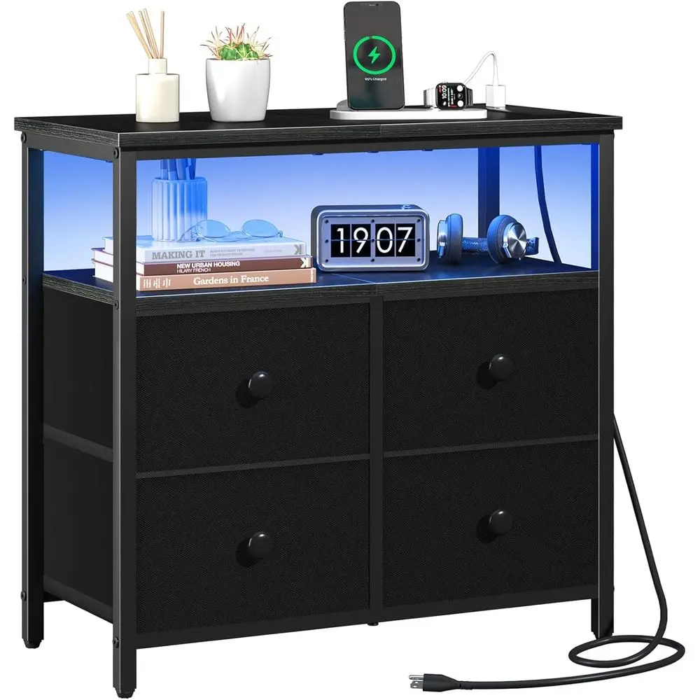 

Contemporary 3-Tier Wooden End Table with LED Nightstand and Charging Station for Bedroom and Office