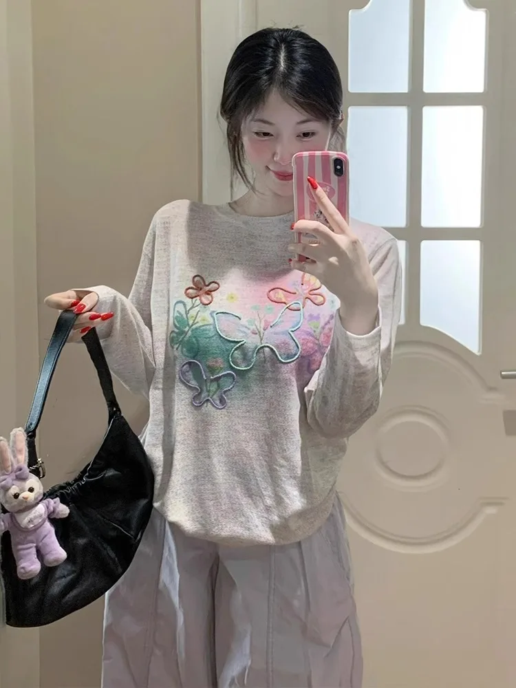 تي شيرت نسائي كوري بأكمام طويلة للخريف وزر مزدوج وحاشية منحنية وملمس جامعي ذكي وأدبي متواضع شبابي وأنيق #4