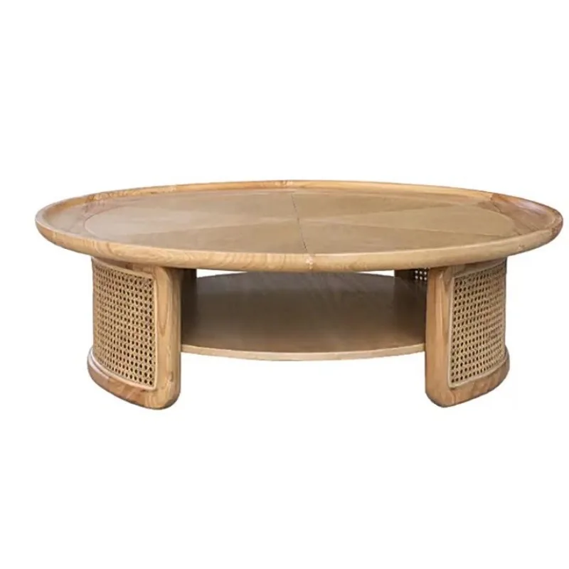 

American solid wood round coffee table modern simple rattan tea table