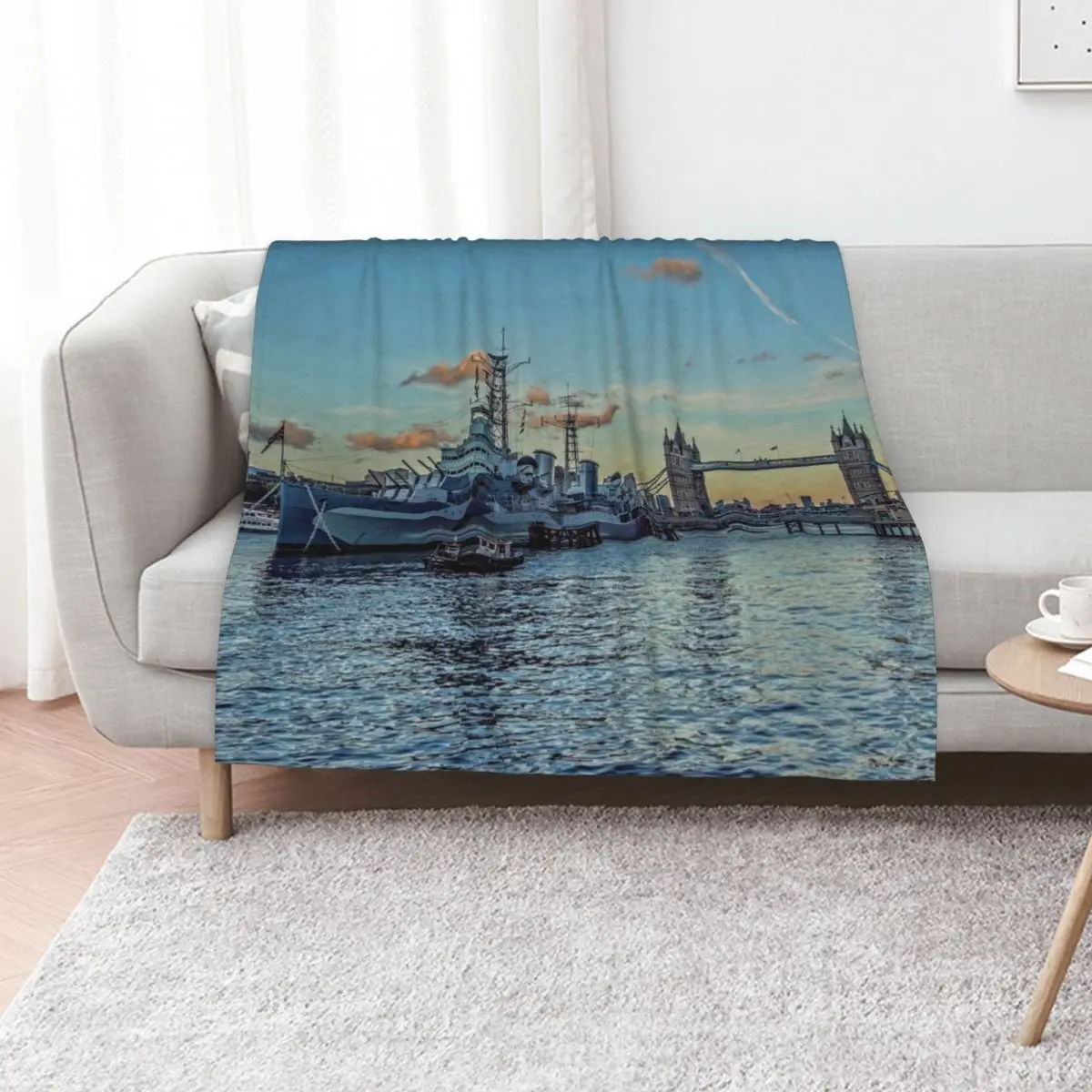 #321 HMS Belfast and Tower bridge in London Throw Blanket warm for winter Hairy Thin Large funny gift Flannel Blankets