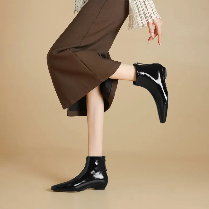 

2025 New Mirror Surface Women Boots Genuine Leather Modern Wedges Autumn Winter Retro Fashion Shoes