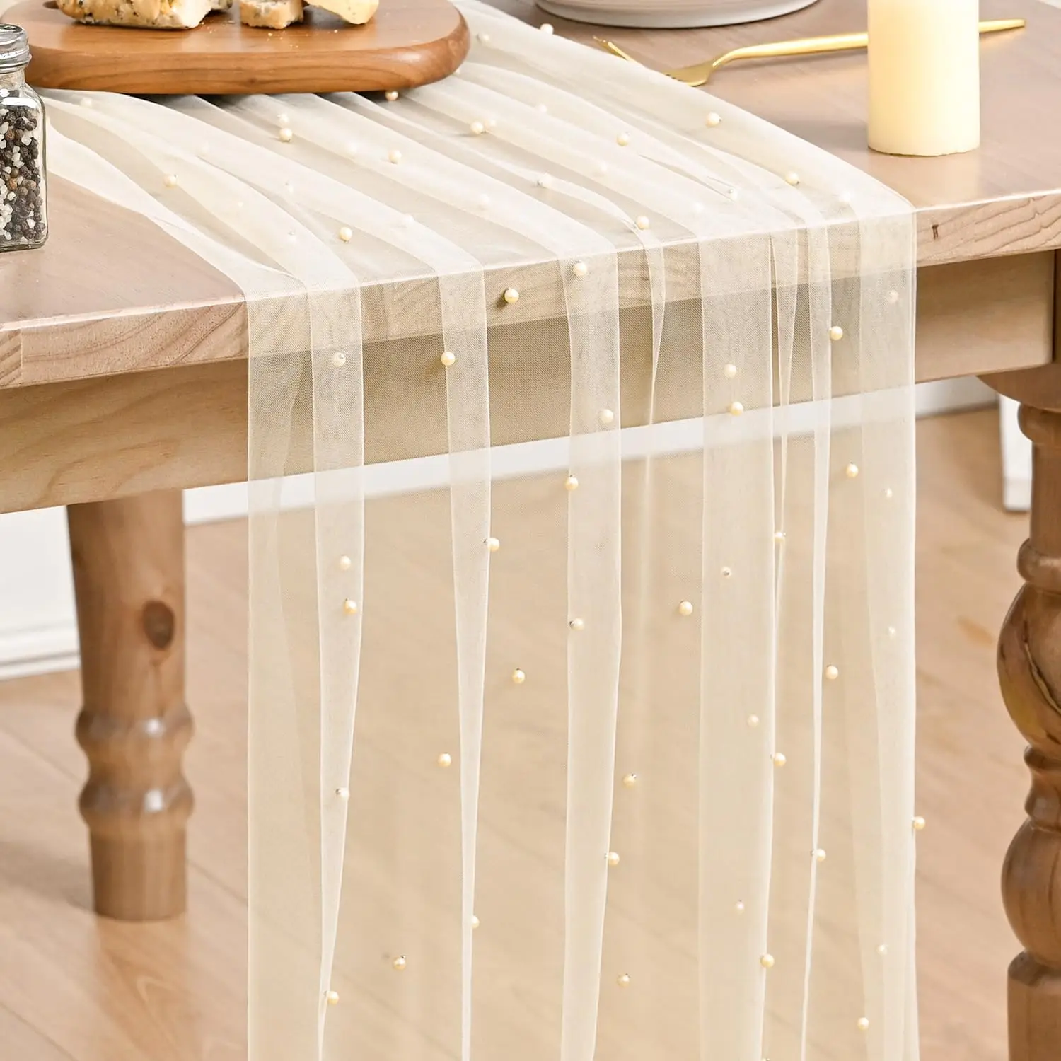 Pearl Green Gauze Table Runner 120 Inch 10FT, Seasonal Sheer Dining Holiday Wedding Birthday Baby Shower Table Decor for Home