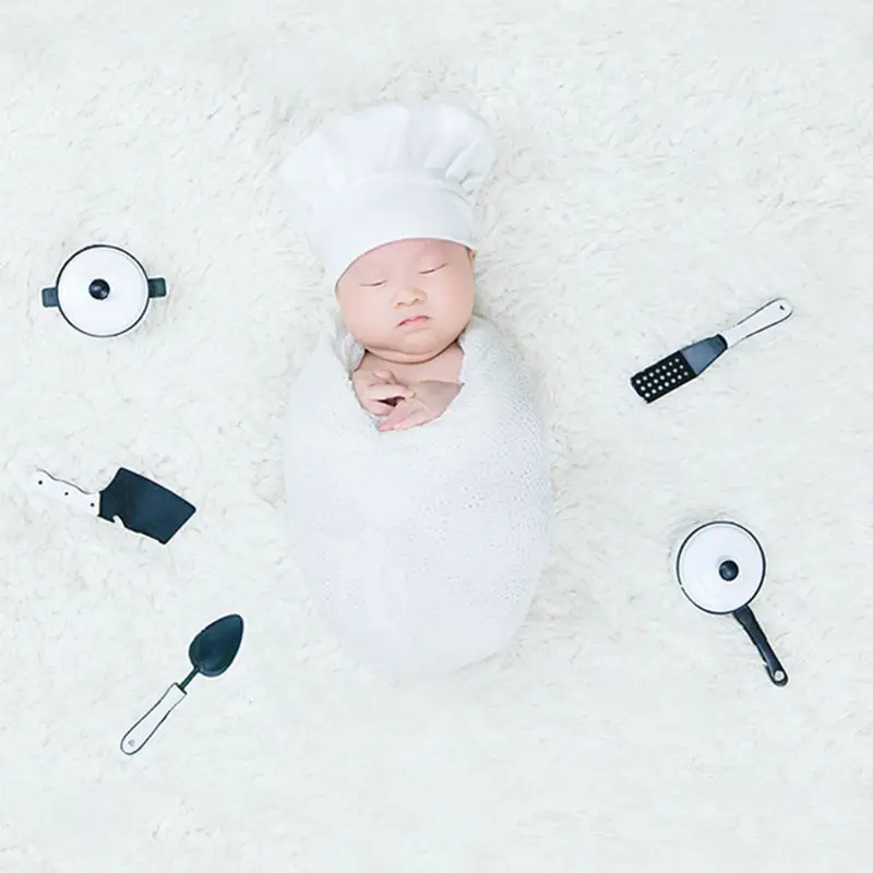 Accessoires photographie bébé, petit chapeau Chef, enveloppe blanche extensible, petit ustensile créatif cuisine, accessoires photographie pour nouveau-nés, D5QA