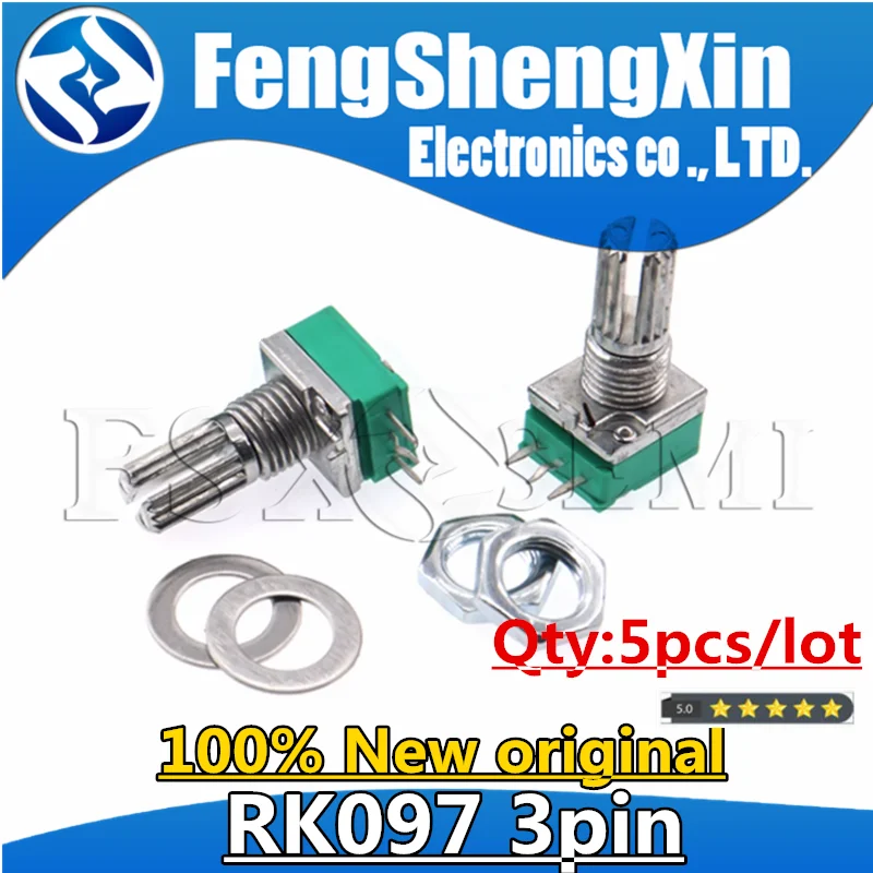 5pcs RK097 potentiometer RK097N 5K 10K 20K 50K 100K 500K B5K  3pin shaft 15mm amplifier sealing potentiometer