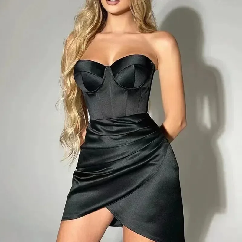 Y2k Crop Top Sexy Off-Shoulder Satin Bustier Solid Slim Fit Short Outwear For Women 90s Clothes Vintage