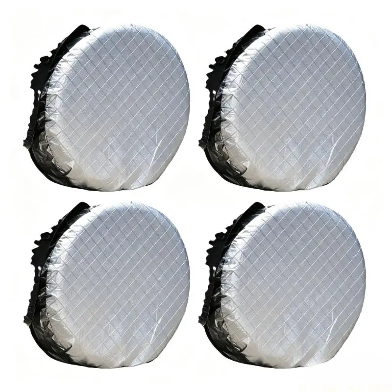 J0MA Motorhome and Trailer Tire Cover Set, 4 Silver Quilted Covers with Black Trim and Fastening Ties for Outdoor Vehicle