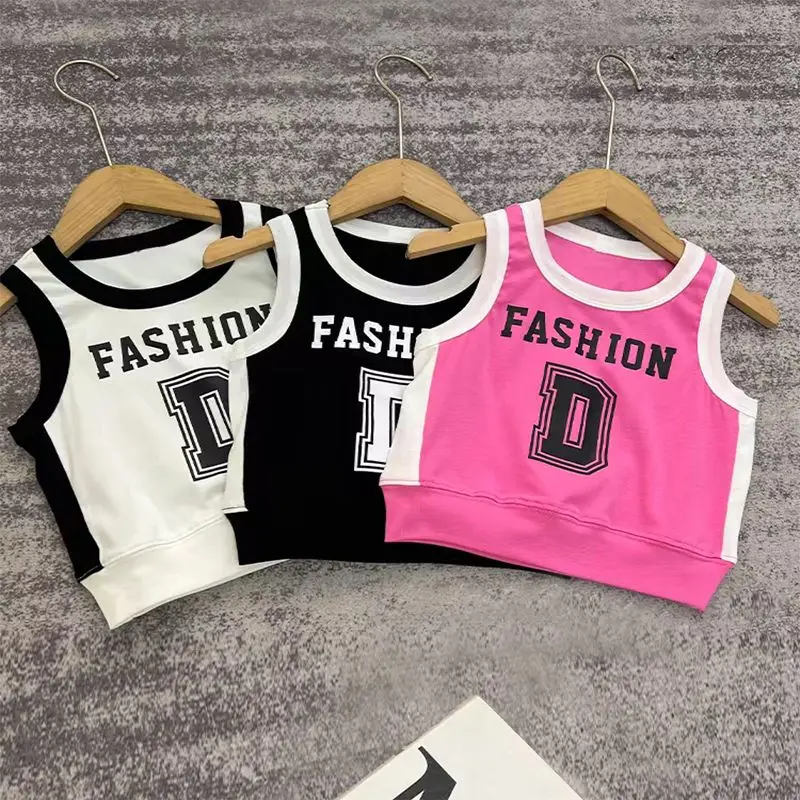 2024 Summer Girls Sports Cotton Vest 90-170cm Kids Sleeveless Cotton Tops