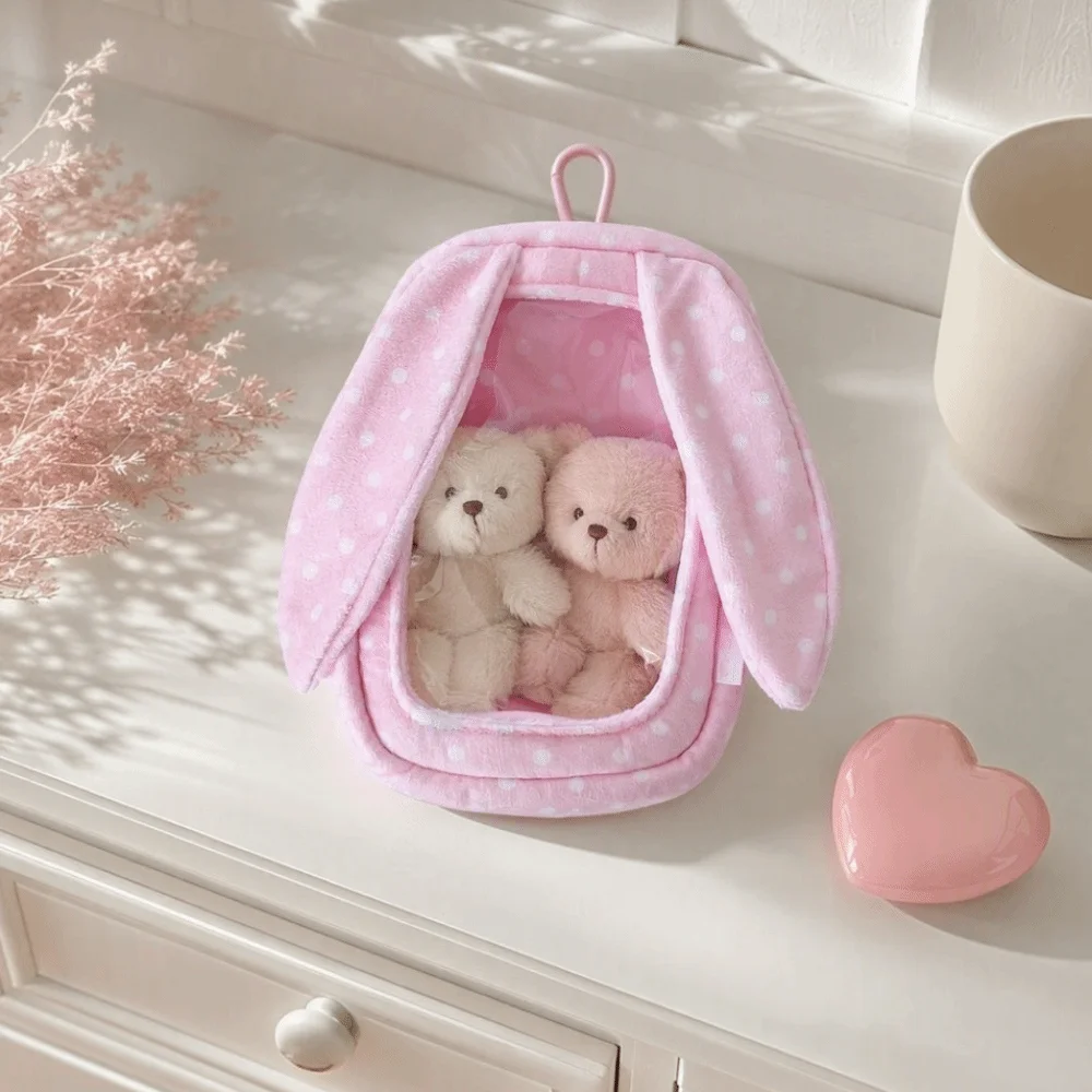 Plush Rabbit Ear Bunny Doll Storage Bag Dots Printed with Clear Window Doll Protector Case Transparent Kaychain Doll Display Bag