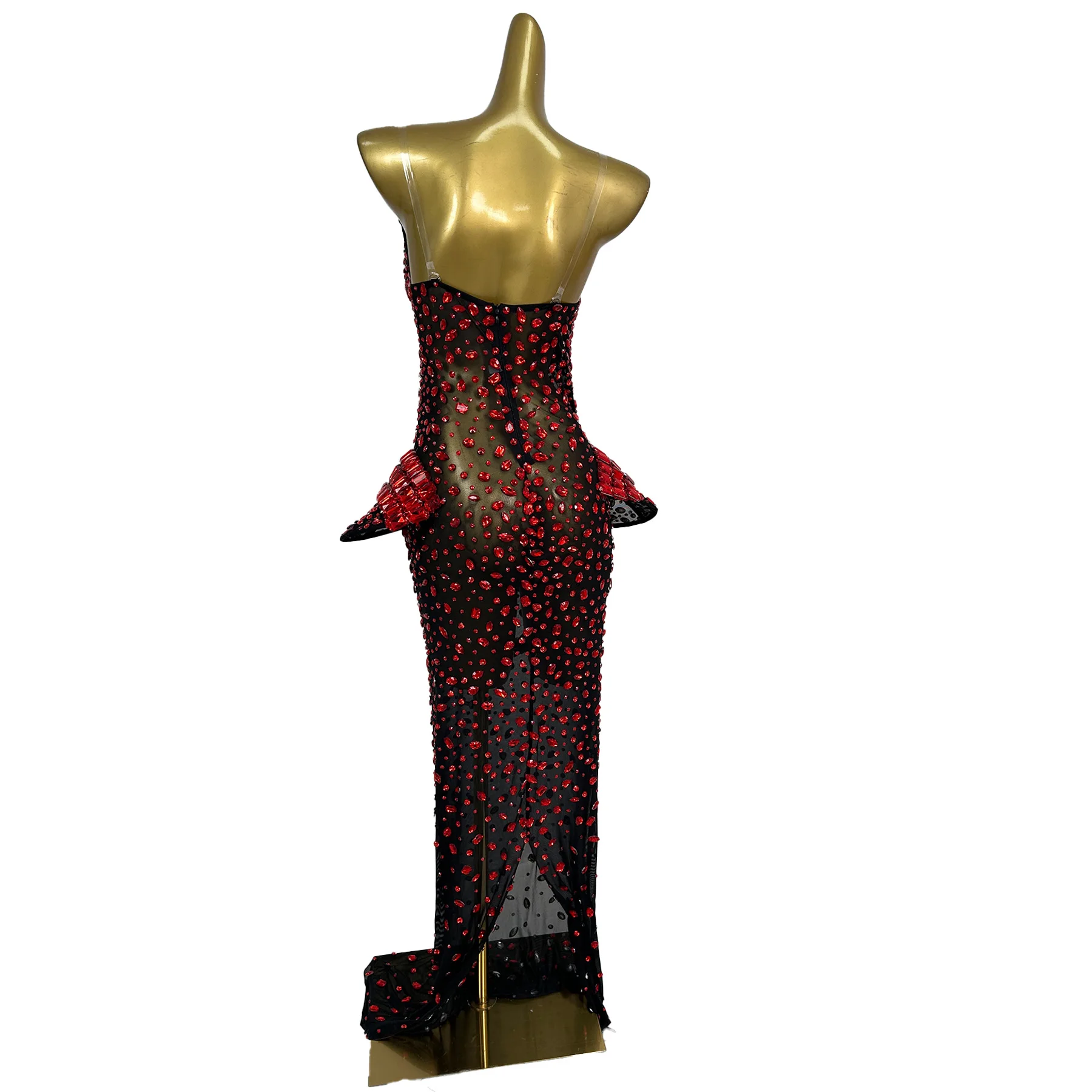 Hongguan فستان سهرة نسائي فاخر أحمر كريستال الماس أسود شفاف شبكة فستان مجوف المشاهير فستان السجادة الحمراء فستان حفلات