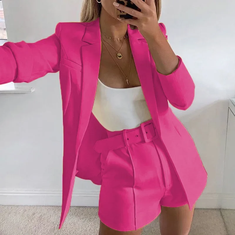 Solid Color Sexy Temperament Two Piece Set, Lapel Suit Cardigan Coat+high-waisted Shorts with Belt for Women\'s Spring and Autumn