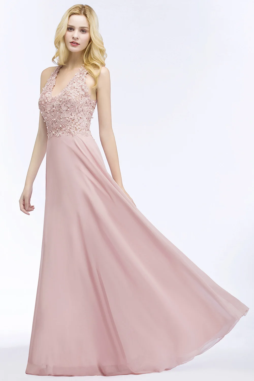 2024 Charming Backless A-lineElegant V Neck Lace Chiffon Evening Dresses Long Bridesmaid Formal Prom Party Gowns Robe De Soirée