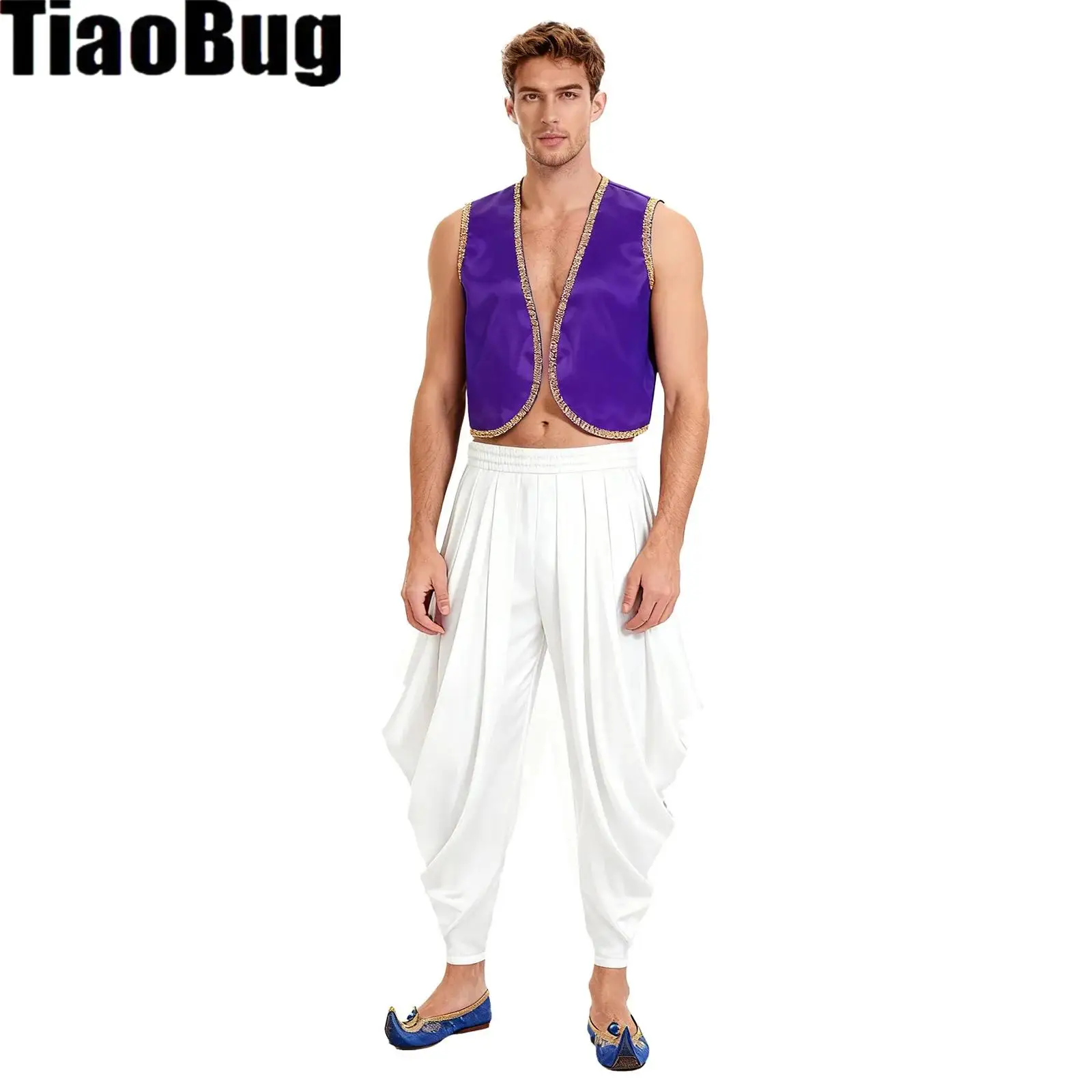 

Mens Arab Prince Dress-up Vest Gold Trim Sleeveless Open Front Vest And Elastic Waistband Harem Pants for Halloween Raves Party