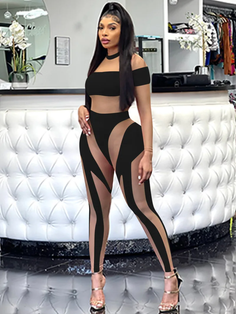 Mesh Patchwork Romper Women Sexy Sheer See Through Skinny Jumpsuits 2022 Summer Long Sleeve Night Club Party One Piece Overalls